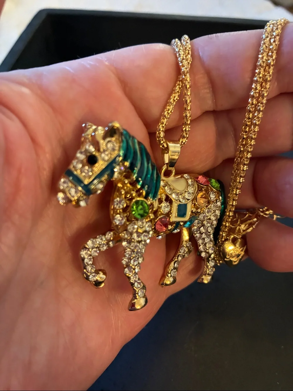 Multicolor Crystal Horse Pendant Necklace Green Mane. Moveable-tail moves